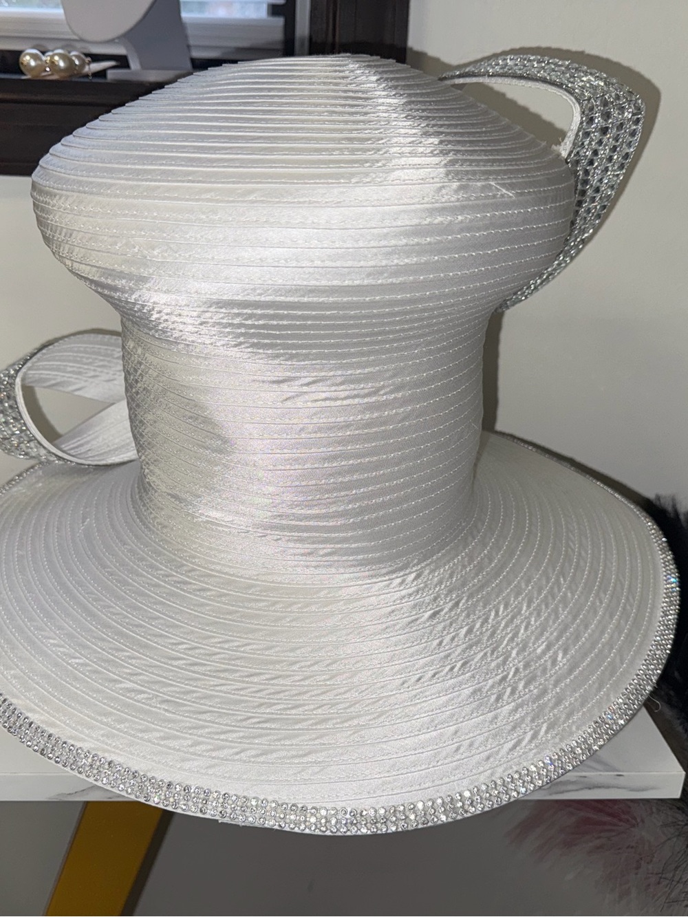 Elegant White Ladies Church Hat with Rhinestone Trim and Floral Accent - Picture 2 of 2